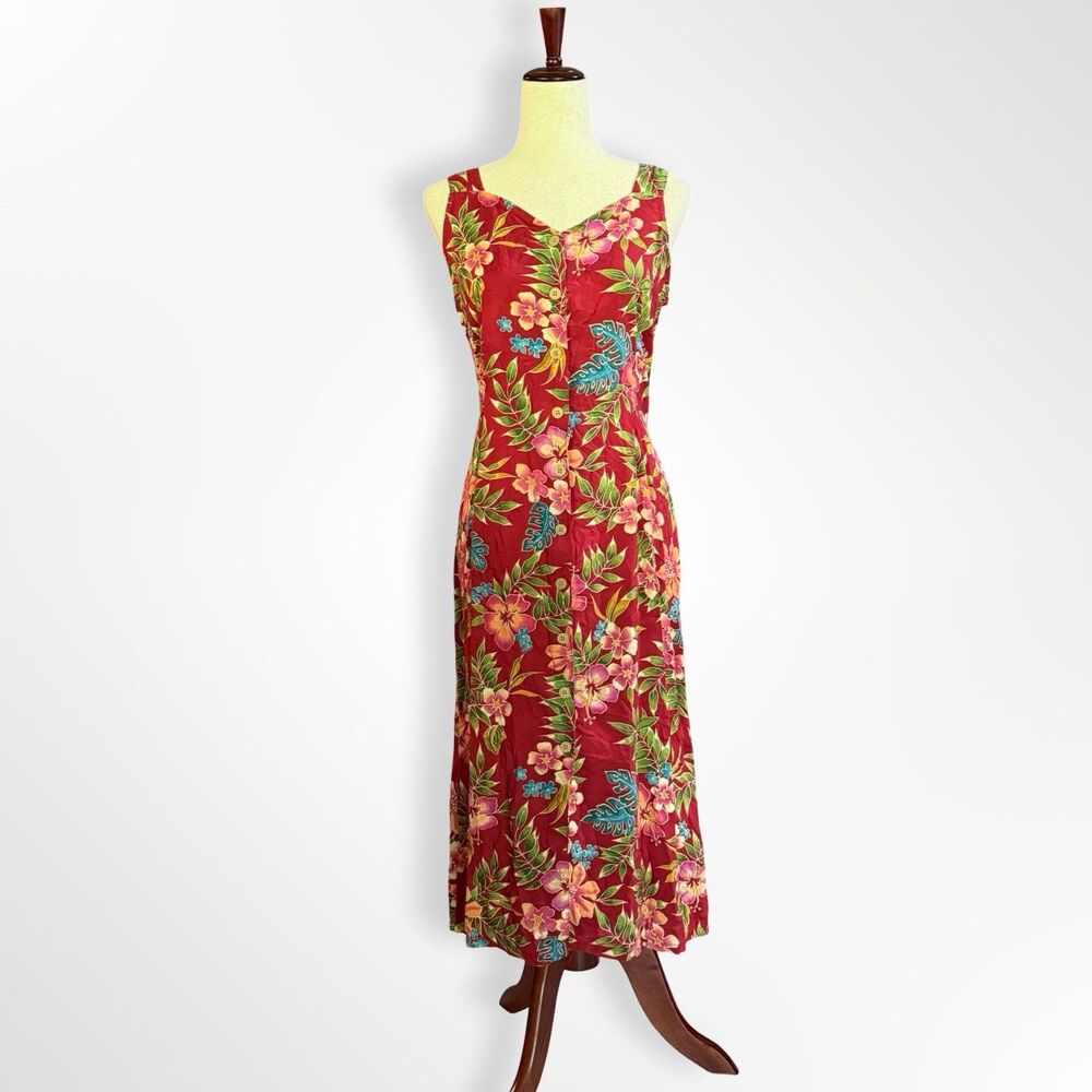 Erika, VTG 90s Red Hawaiian Print Button Front Midi, PL
